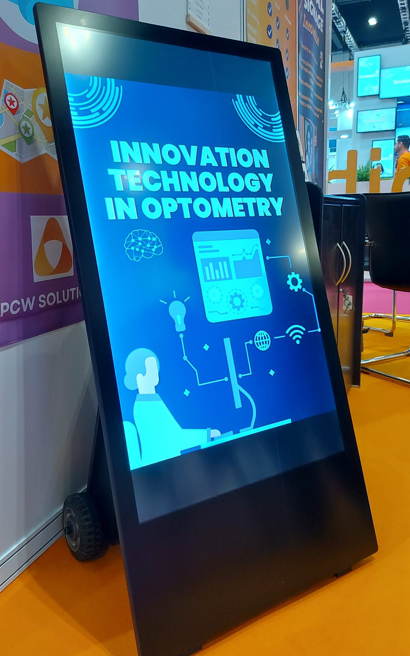 indoor digital a-board display used for event promotions inside an exhibition centre