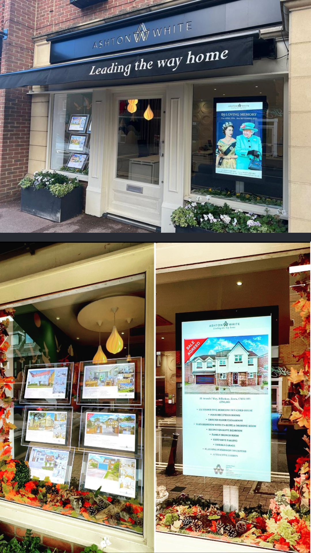 Digital signage screen in an estate agent window showing property details and images