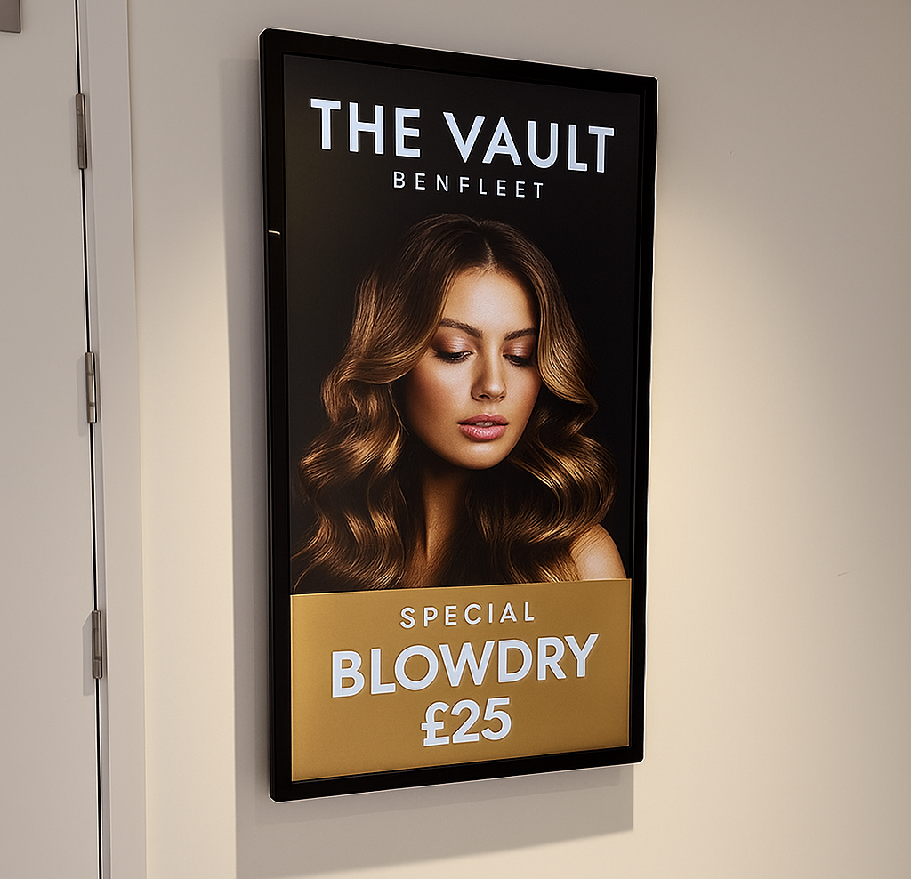 indoor digital signage screen used by a salon to advertise pricing